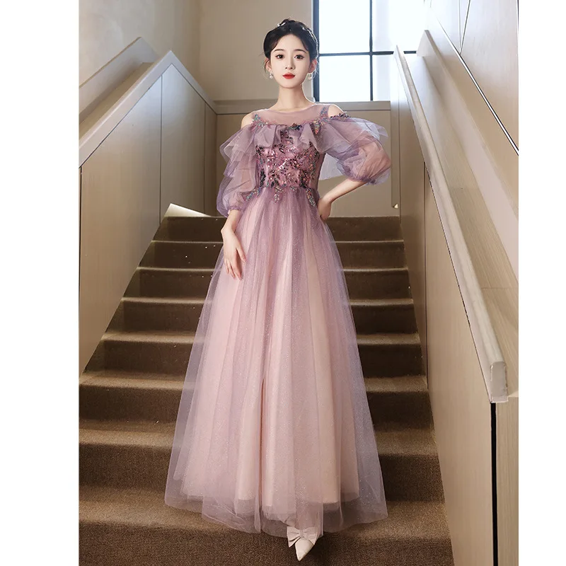 

Elegant Purple Evening Dress Women Off Shoulder Puff Sleeves Applique Floral A-line Floor-length Prom Gowns Quinceanera Vestido