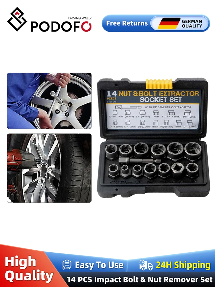 Podofo 14 pièces ensemble de dissolvant de boulons et d'écrous à percussion ensemble d'outils d'extraction de boulons en acier cr-mo pour livraison directe industrielle