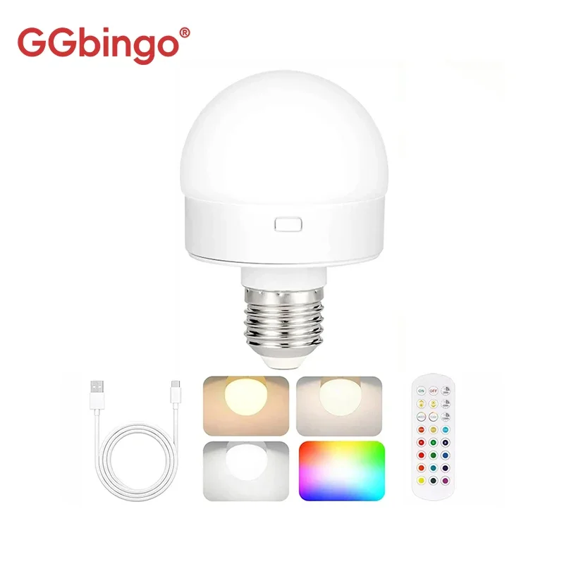 GGbingo Rechargeable LED Smart Bulb E27 USB Control Color Temperature 15 Brightness Levels RGB Timer Function with Remote