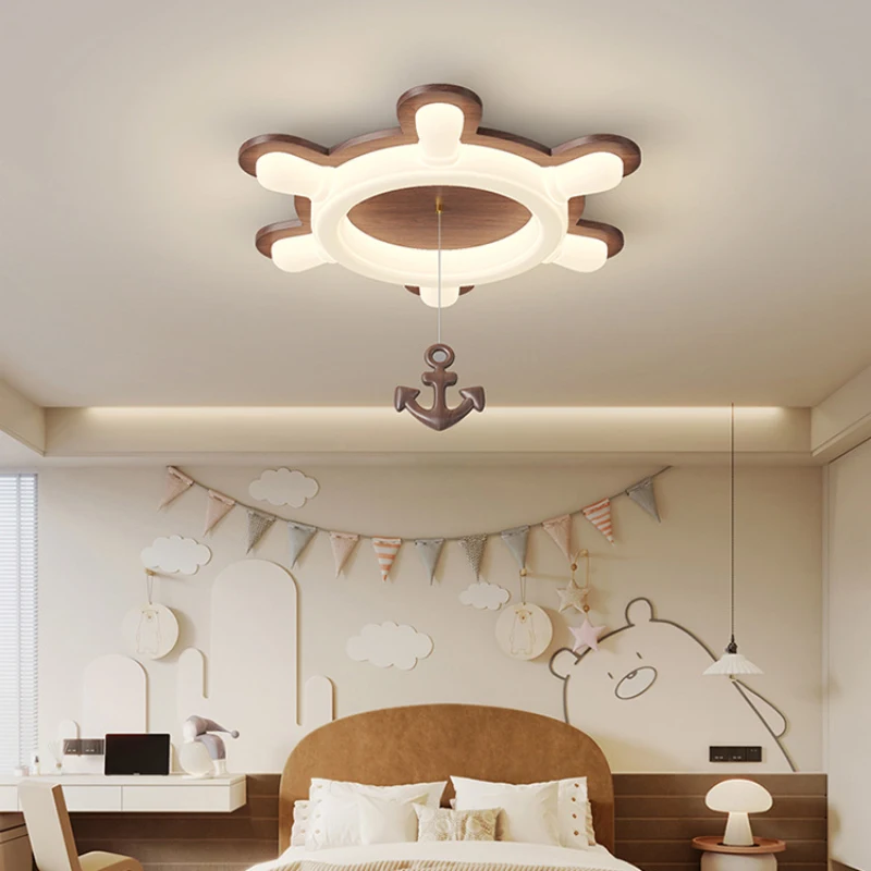 Children's Room Ship Rudder Ceiling Lights LED Solid Wood Ship Light Retro Warm Baby Room Nursery Boy Bedroom Ceiling Lamps