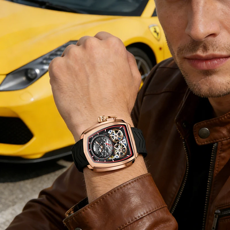 Double Flying Wheel Hollow Watch Men's Double Flying Skeleton Luxury Irregular Automatic Mechanical Stainless Steel Silicone view 5