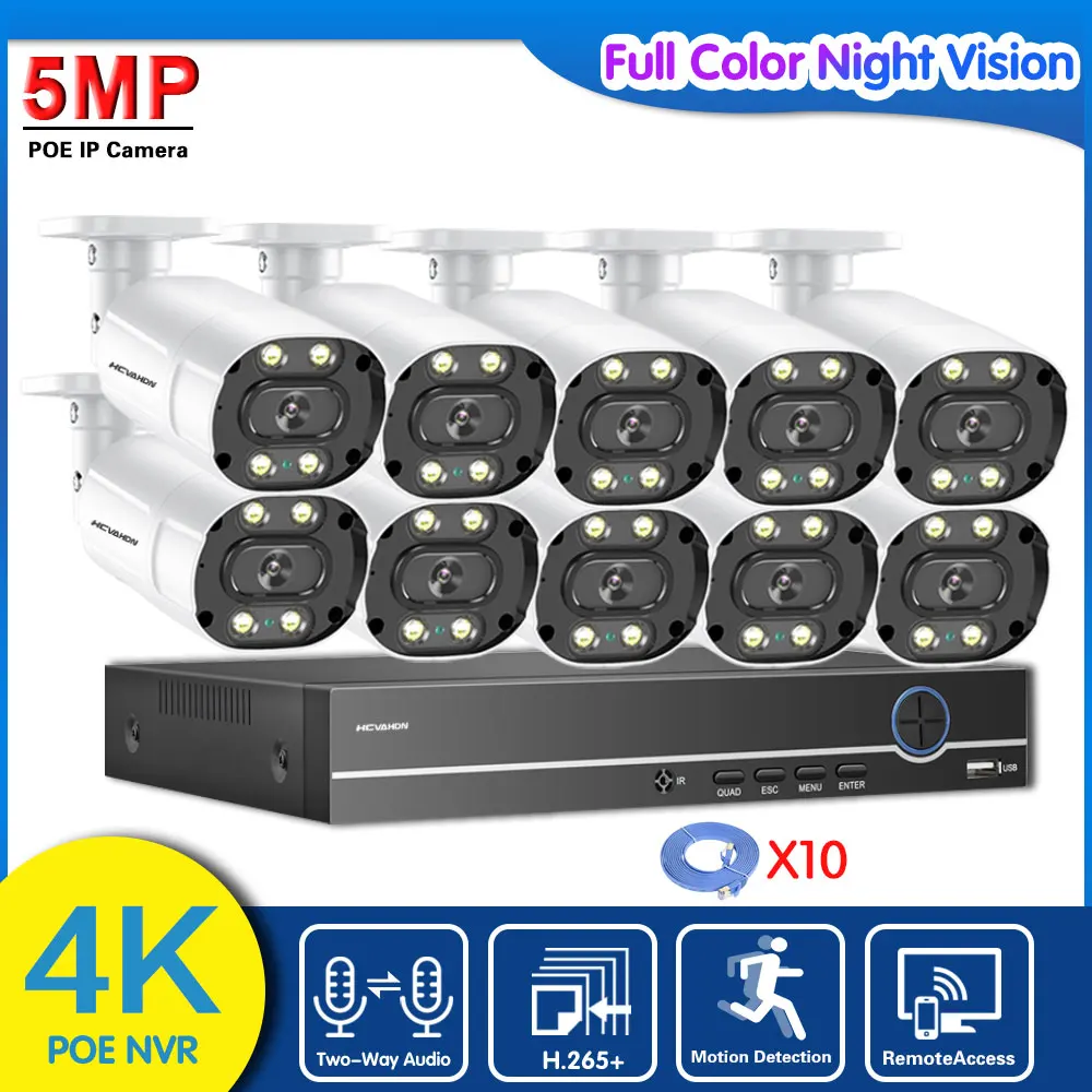 CCTV Camera Security System Kit 4K 10CH POE NVR System Outdoor Color Night Vision 5MP IP Camera Video Surveilllance System Kit