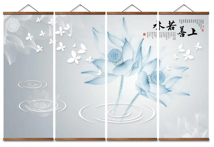 MT0060 Chinese Style The Best Kindness Is Like Water Louts Decorative Wall Art Canvas Posters Solid Wood Scroll Paintings