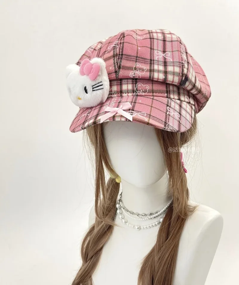 

Kawaii Hello Kitty Hat Cartoon Versatile Plaid Women Accessories Sweet Fashion Student Supplies Decoration Girl Gift Wholesale