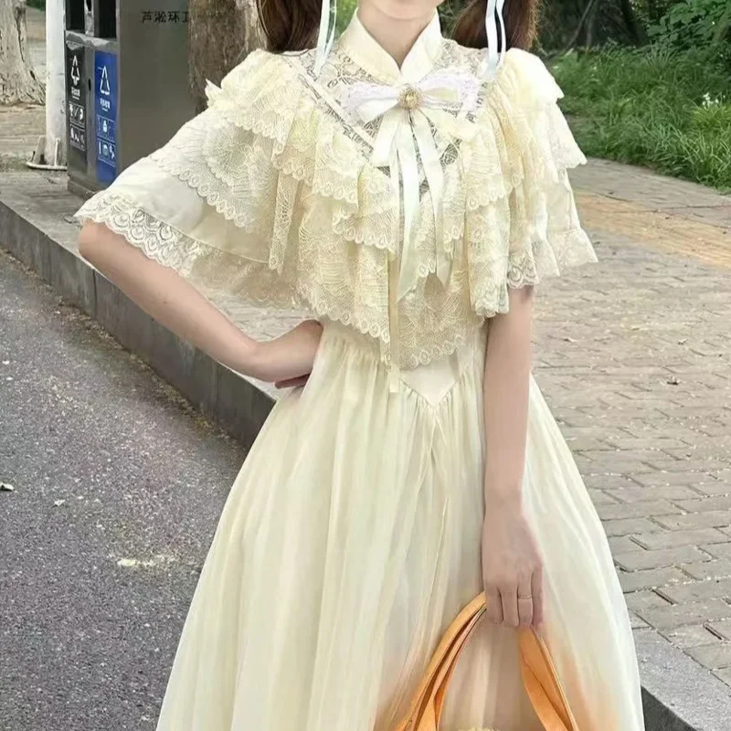 

Y2K Bow Dresses Women Retro Fugitive Princess Dresses Palace Diamonds Vintage Midi Dresses Fairy Spirit Loose Mini Dresses New