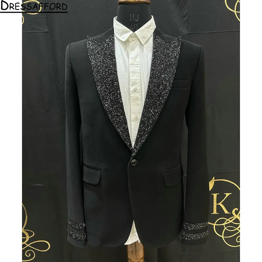 Pakaian pria hitam berpayet kristal pengantin pria pernikahan tuksedo 2 buah set Makan malam Prom blazer Terno Masculino Completo