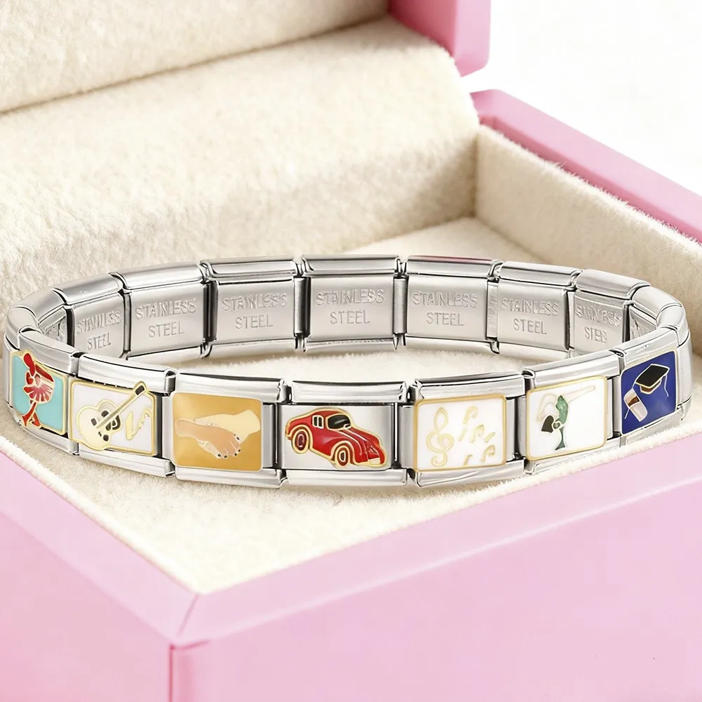 DIY Making Jewelry Bead Fashion Silver Abstract Skiing Dance Motor Italian Charm Link Fit 9mm Stainless Steel Bracelet