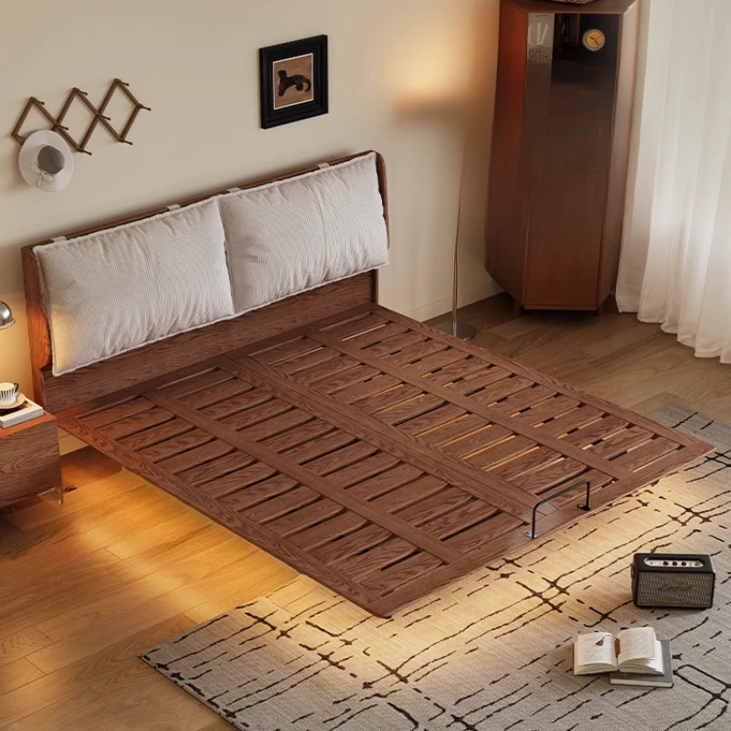 Solid wood suspended bed small apartment ultra-thin bedside flush edge soft bag bed master bedroom double tatami ash wood