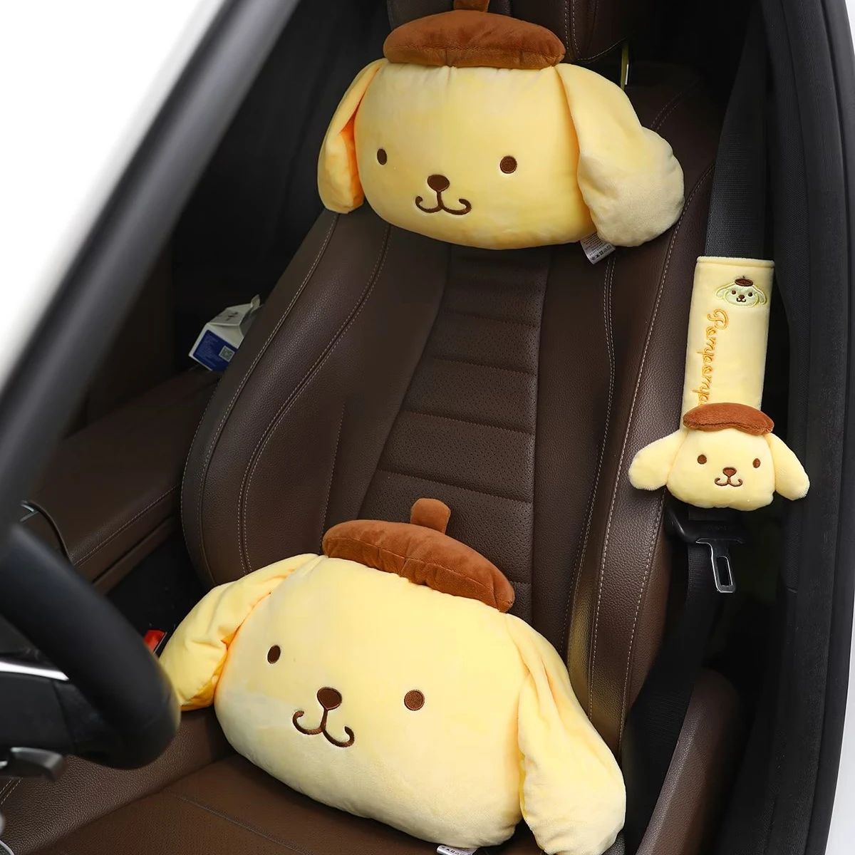 Sanrio Cute Pom Pom Purin Plush Toy Headrest Seat Belt Cover Back Cushion For Car Seat Throw Pillow Sofa Bed Xmas Gifts Girl