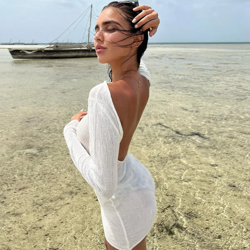 Women Bikini Cover Up Short Dress Long Sleeve Knitted Plain Boat Neck Backless Beach Dress Ladies Short Swimwear Cover-Up