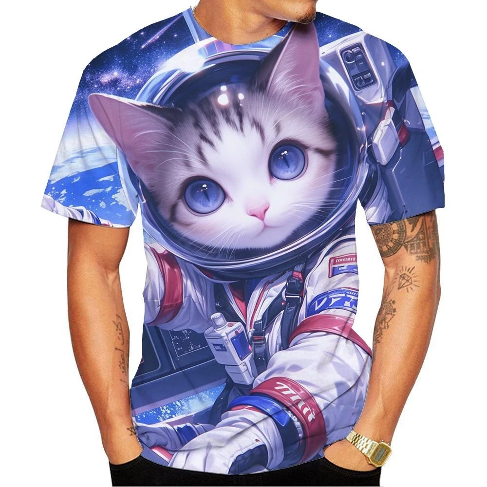 New Fashion Men\'s and Women\'s Crew Neck 3D HD Printing Space Cat Pattern T-shirt Street Style Unisex Fashion Kids Top 100-6XL