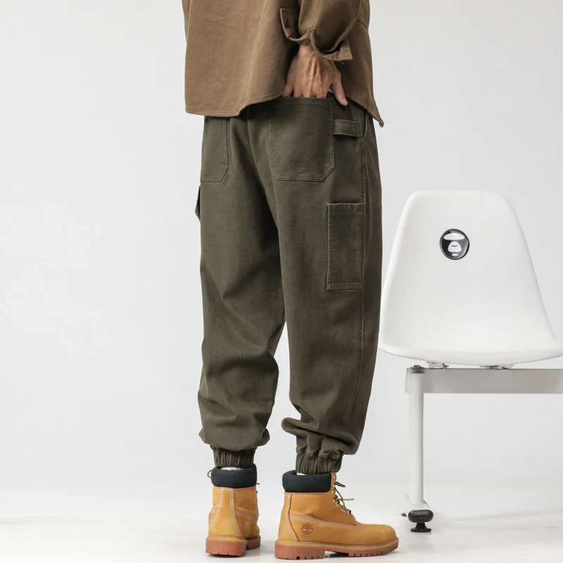 2024 fall outdoor hunting work pants combed cotton stretch peplum casual pants men's loose drawstring Haren pants