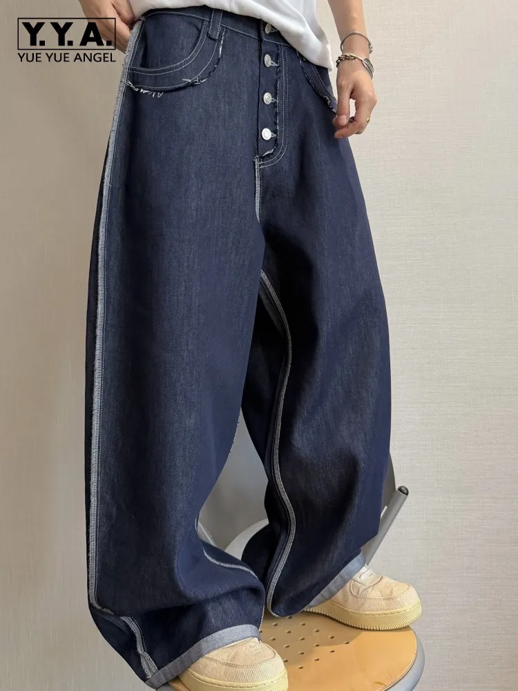 Streetwear Male Low Waist Wide-Leg Pants Fashion Solid Color Mens Single-Breasted Trousers Versatile Loose Pockets Jeans