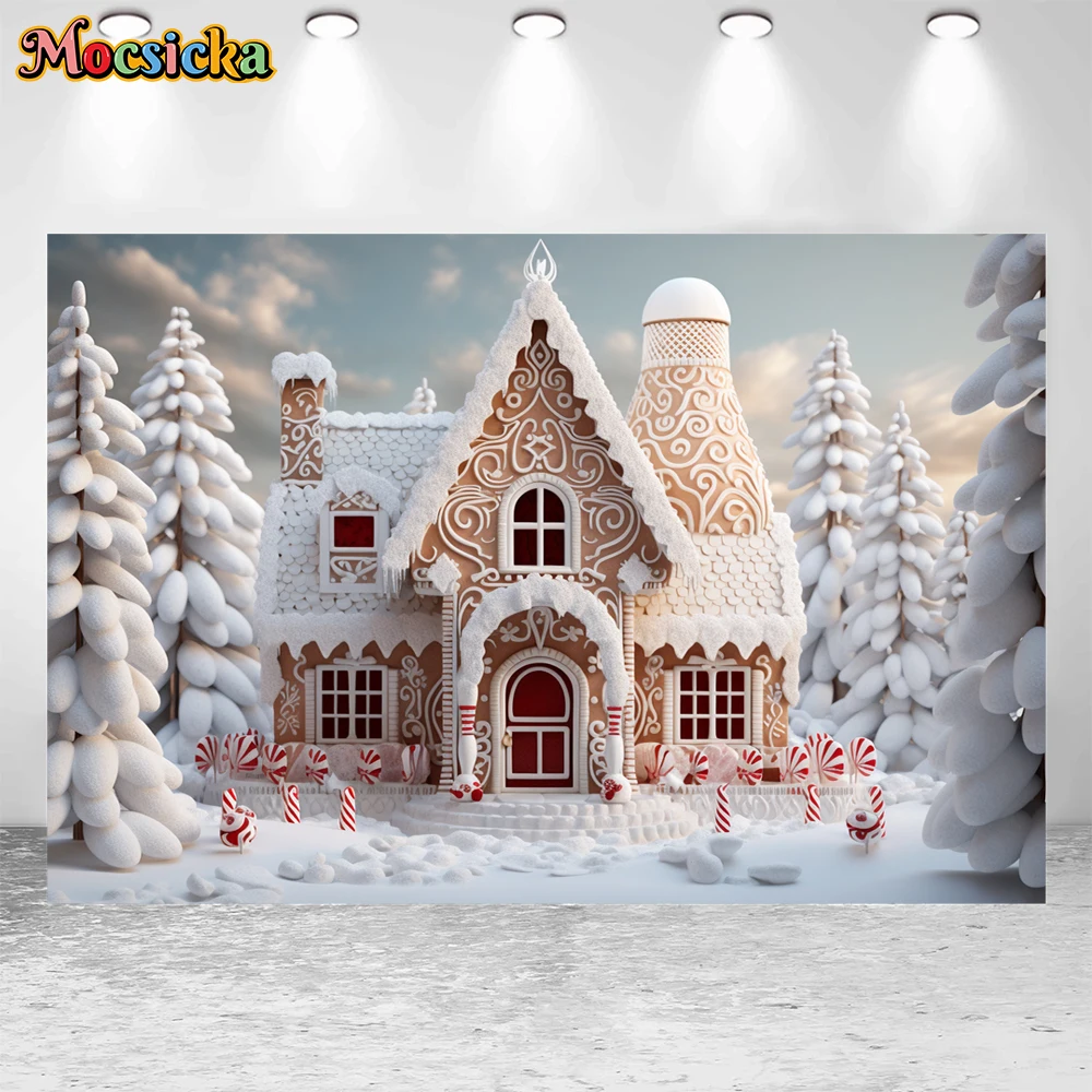 Mocsicka Winter Christmas Photography Background Candy Cottage Xmas Tree Holiday Party Family Photo Backdrops Studio Props