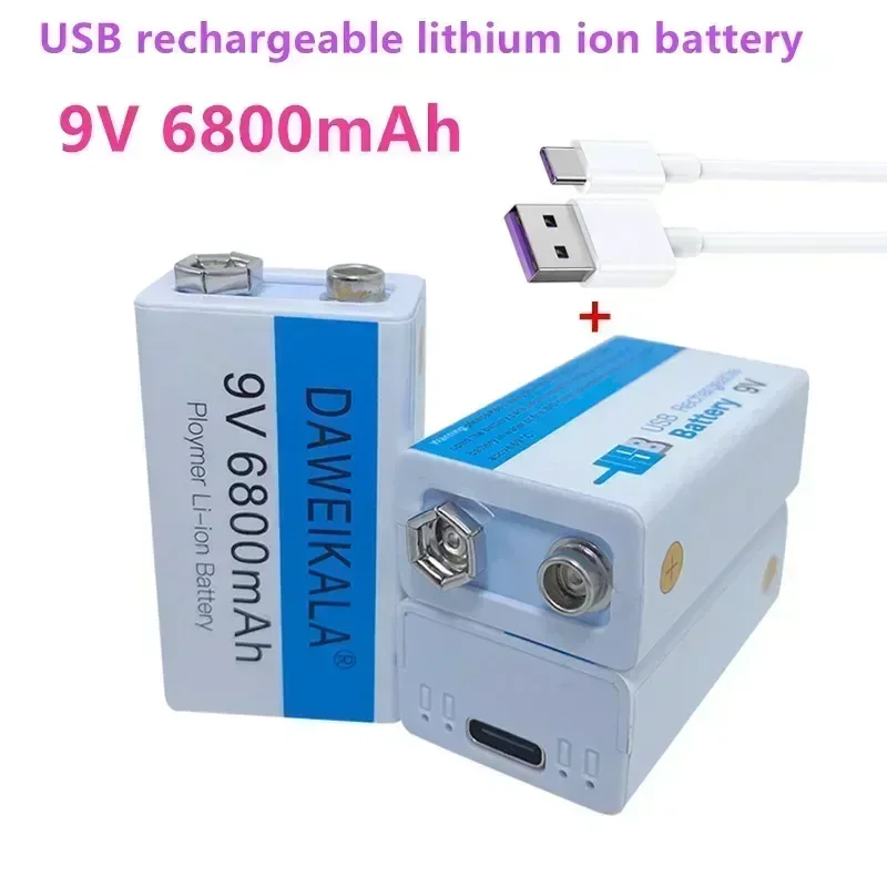 10pcs/Lot 9V USB rechargeable Li-Ion battery 9V 6800mAh is suitable for camera and other series of electronic products+USB line