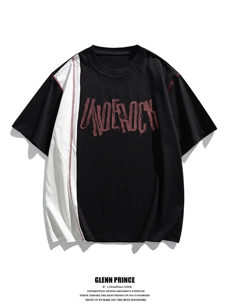 

GPstudio American High Street Letter Print Color Block Short Sleeve Cotton T-Shirt Men Summer Handsome Fashion Brand Tee