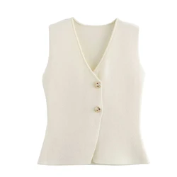 YENKYE Summer Women Beige Front Button Knit Vest Top Sleeveless V Neck Female Chic Tank Top High Street ropa de mujer