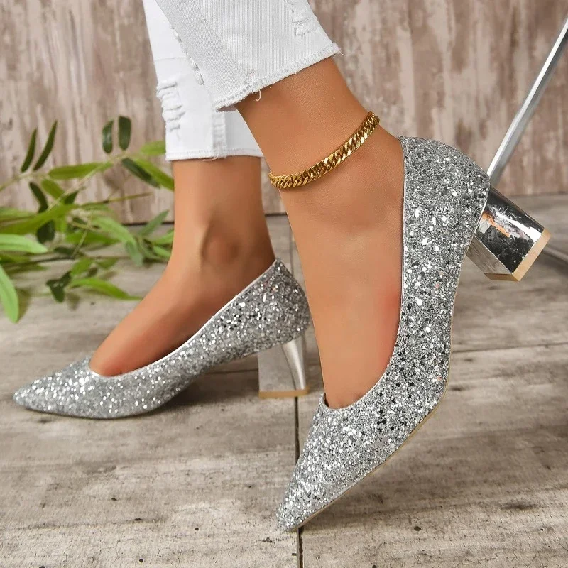 2024 Spring Autumn New Fashion Large Heel Single Shoes Wearing Sequin Face Pointed Toe Comfortable Shallow Mouth Shoes for Women