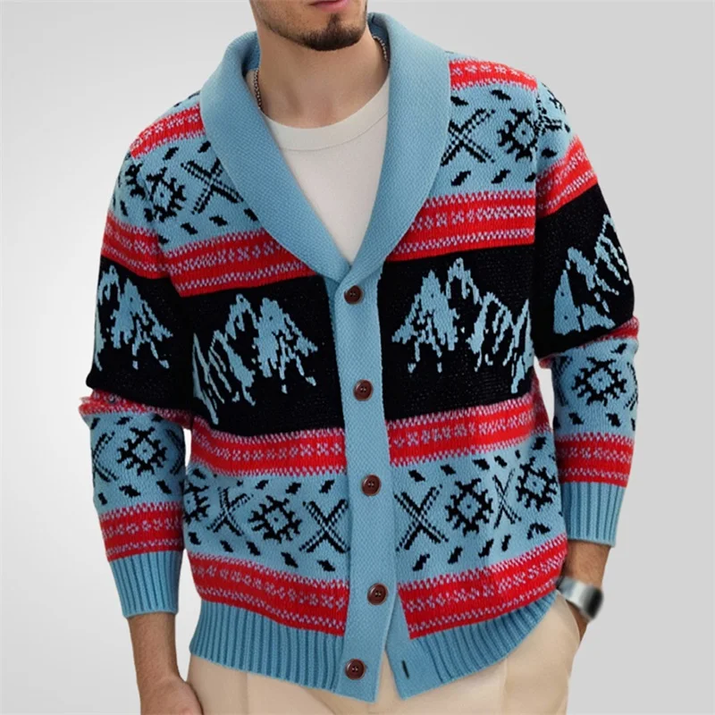 Men Cardigan Long Sleeve Contrast Color Button Closure Sweater Knit Tops for Casual Daily