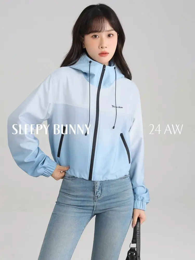 Gradient Color Hooded Windbreaker Jacket Women Short Loose Fit Zip Up Lightweight Outdoor Sports Coat Sun Protection Outwear