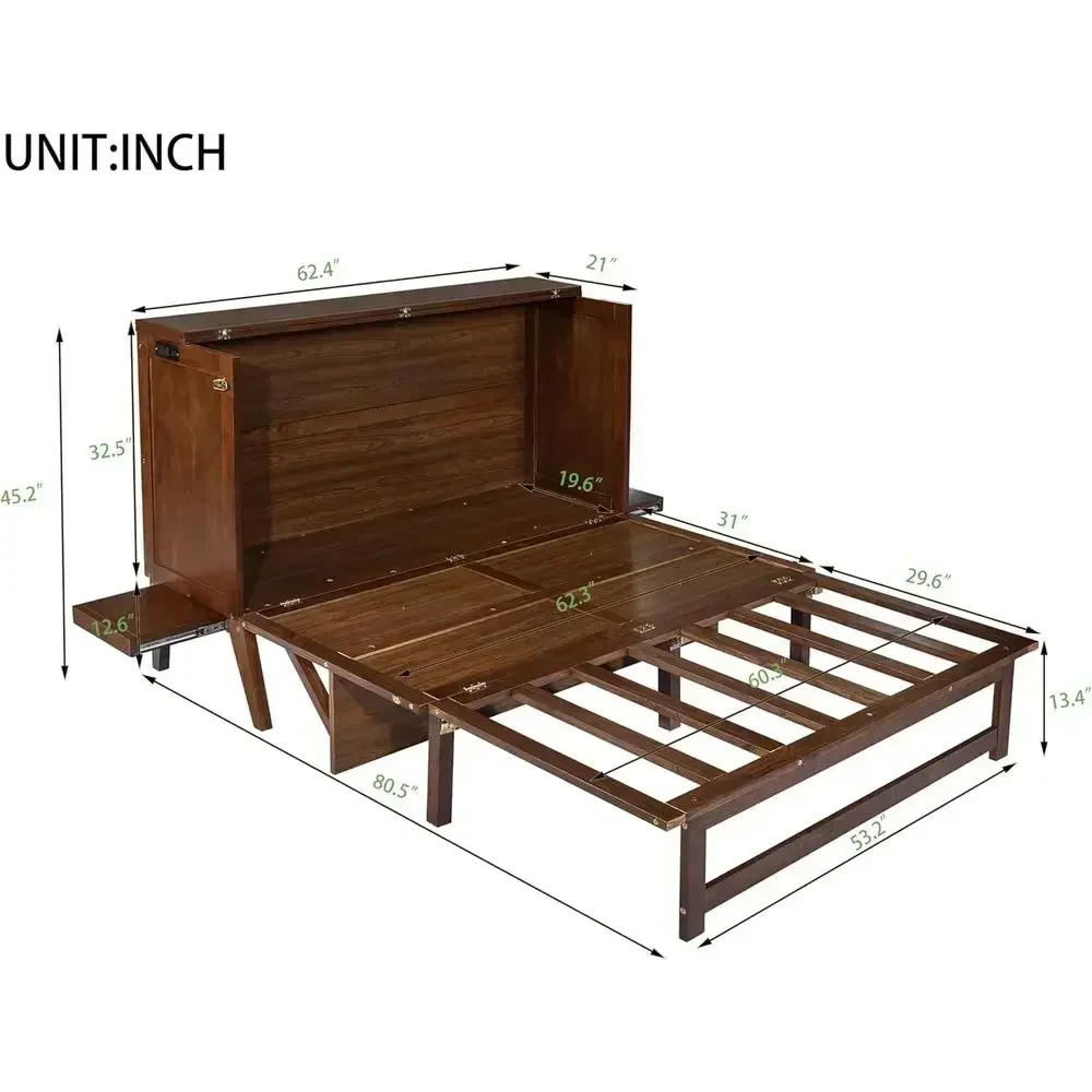 Wall-Mounted Queen Murphy Bed with Desk, USB Ports, and Side Shelves - Ideal for Small Spaces in Walnut Finish