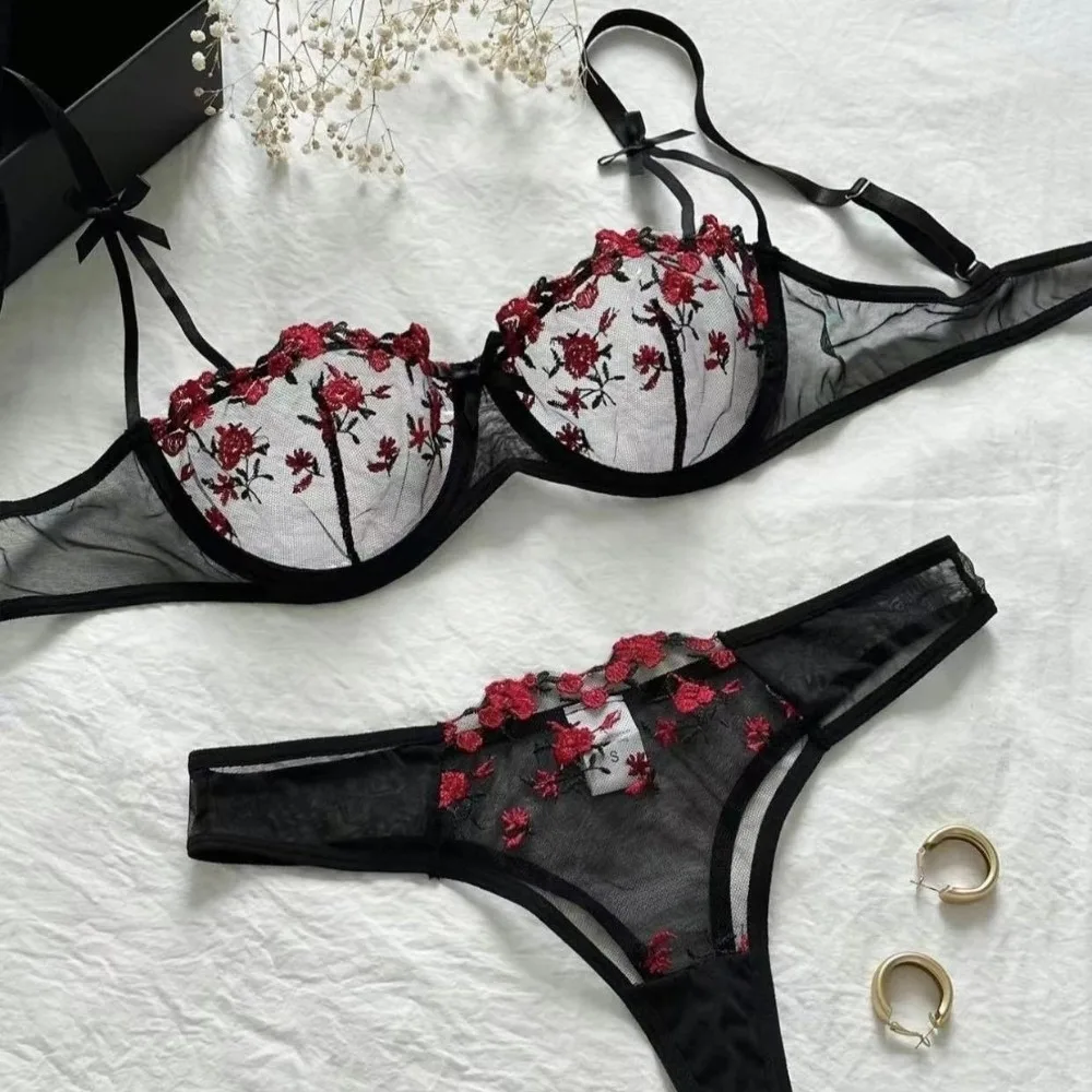 2pcs Set Sweet Mesh Lace Flower Bra Sexy Embroidery Bra Panties Set Bowknot Intimates Push Up Bra Women Romantic Evenings