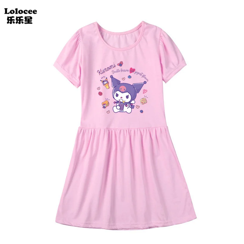 Sanrios Hello Kittys Dress My Melody Kuromi Girls Short Sleeve Dress Cartoon T-Shirt Fashion Princess Dress Summer Kids Clothes