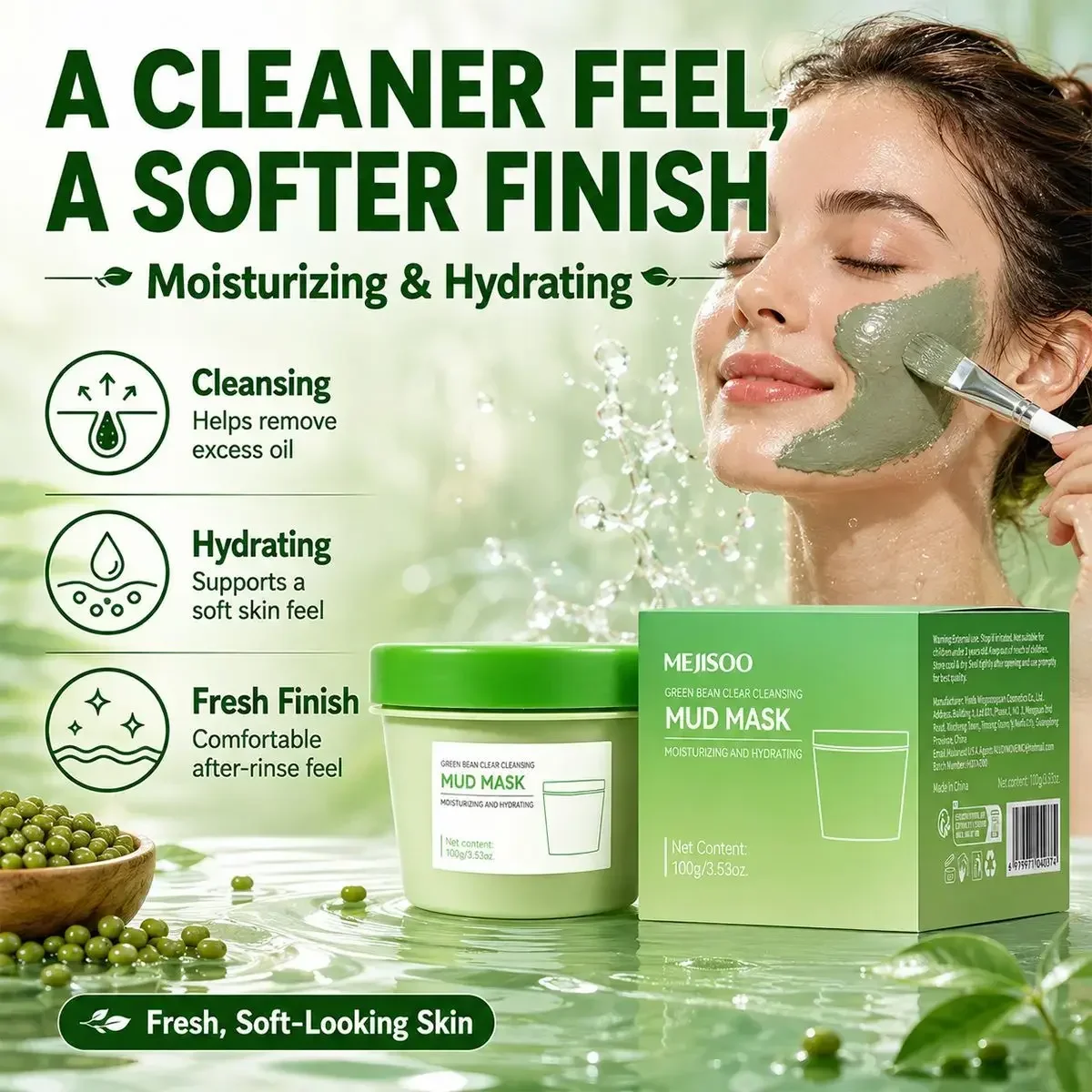 Mung Bean Cleansing Mud Mask, Green Bean Purifying Clay Mask, Moisturizing Hydrating Mud Mask 100g, Gentle Facial Cleansing Mask