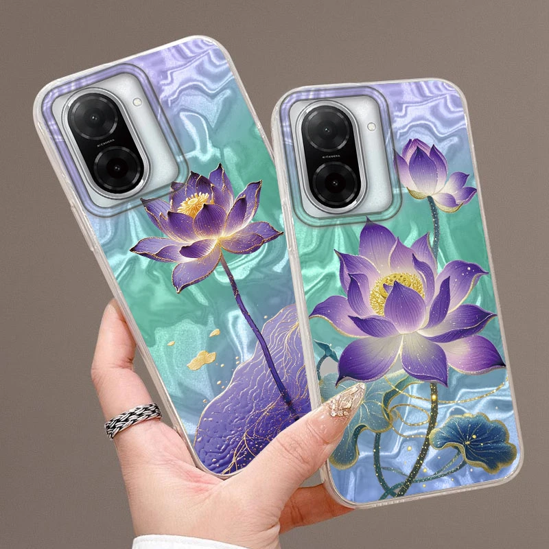 Lila Farbverlaufs-Lotus-Druck-Handyhülle für Redmi A5 Note 14 Pro Plus 5G 14S 13 A3 A3X 14C 13C Xiaomi 14T 13T versilberte Abdeckung
