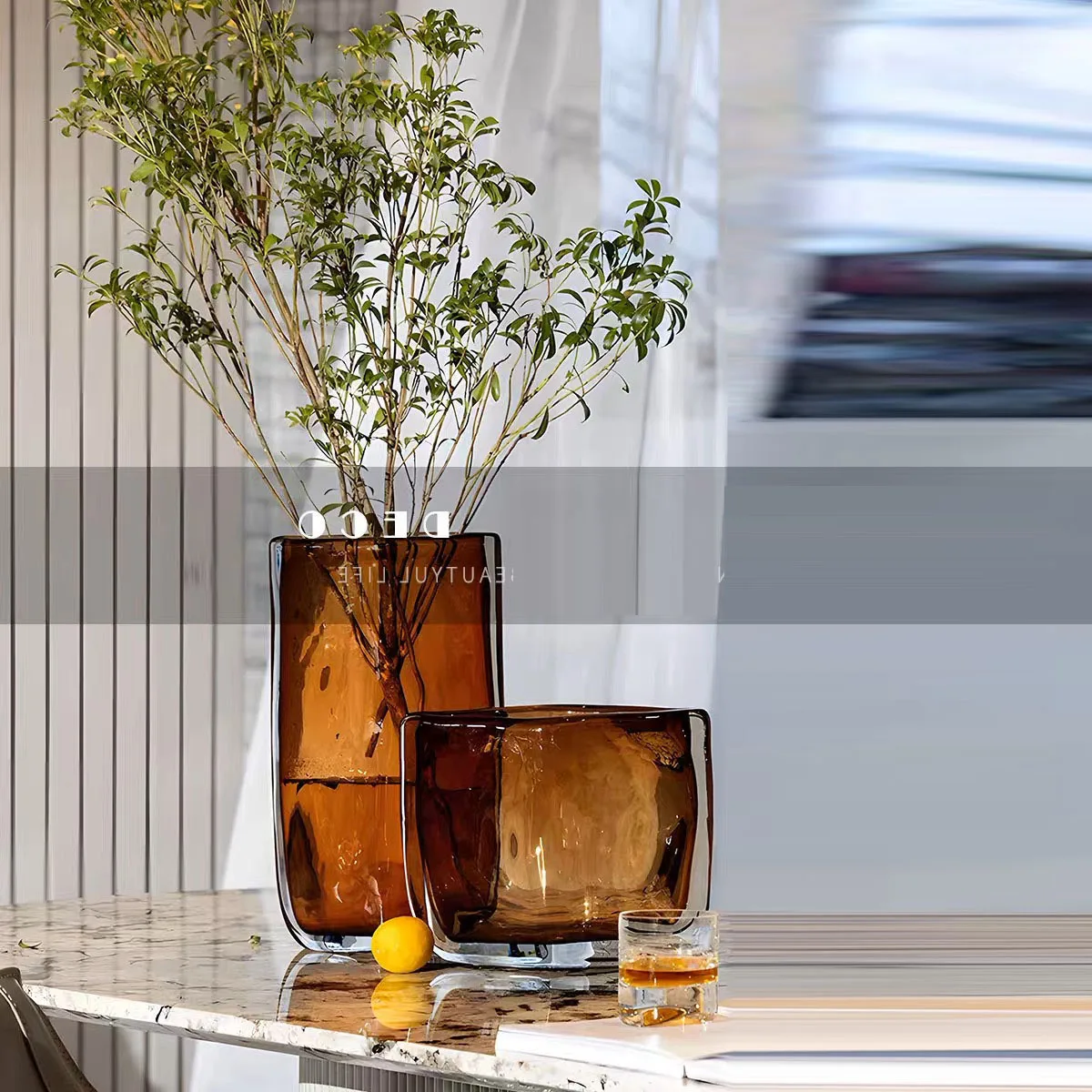 

Amber light luxury glazed vase square mouth flower device model room living room hotel hydroponic flower arrangement vase orname