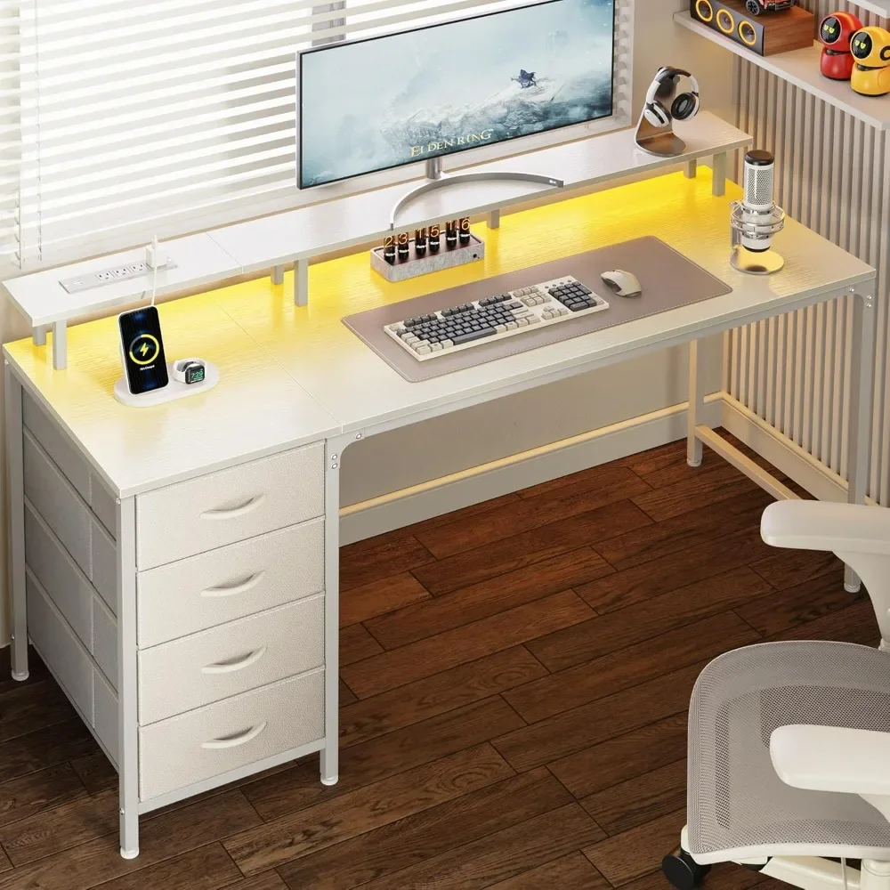 Computer Desk with Power Outlets and LED Lights, Gaming Desk with 4 Drawers, Office Desk with Monitor Stand, Study Work Desks