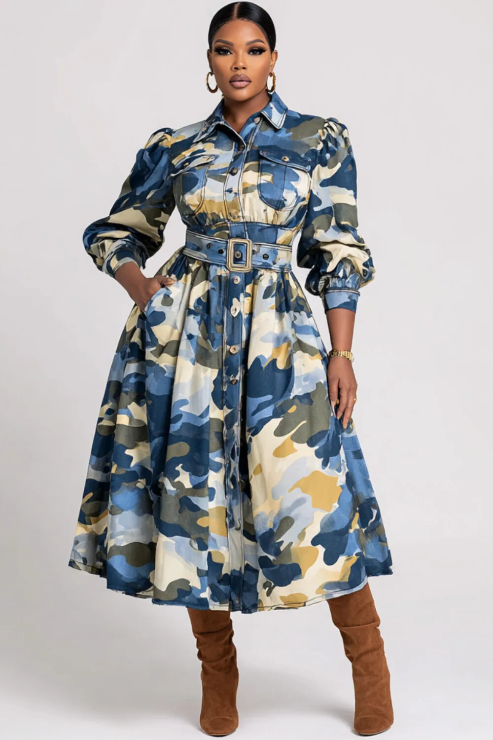 

Plus Size Daily Light Blue Camo Shirt Collar Puff Sleeve Long Sleeve Pocket Casual Midi Dresses