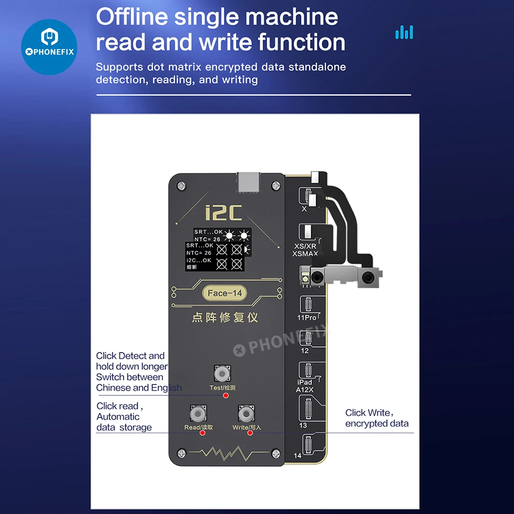 i2C Face-14 Dot Matrix Programmer for iPhone X XR XS MAX 11 12Pro 13 Pro Max 14 Fix Face ID Not Working higher and lower problem