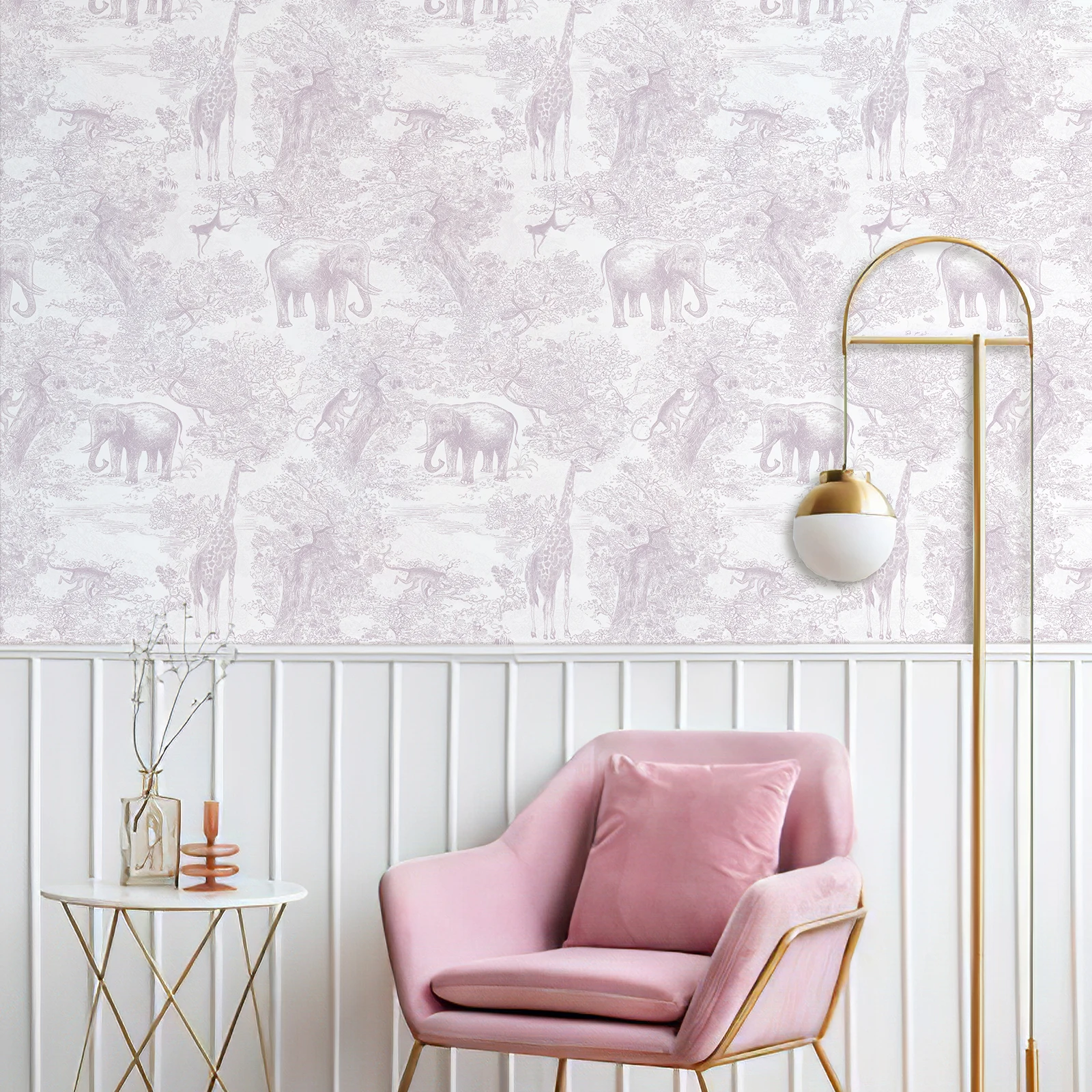 Self-Adhesive Pink Jungle Animal Wallpaper Elephant and Giraffe Pattern Peel and Stick Removable Vinyl for Nursery Kids Room