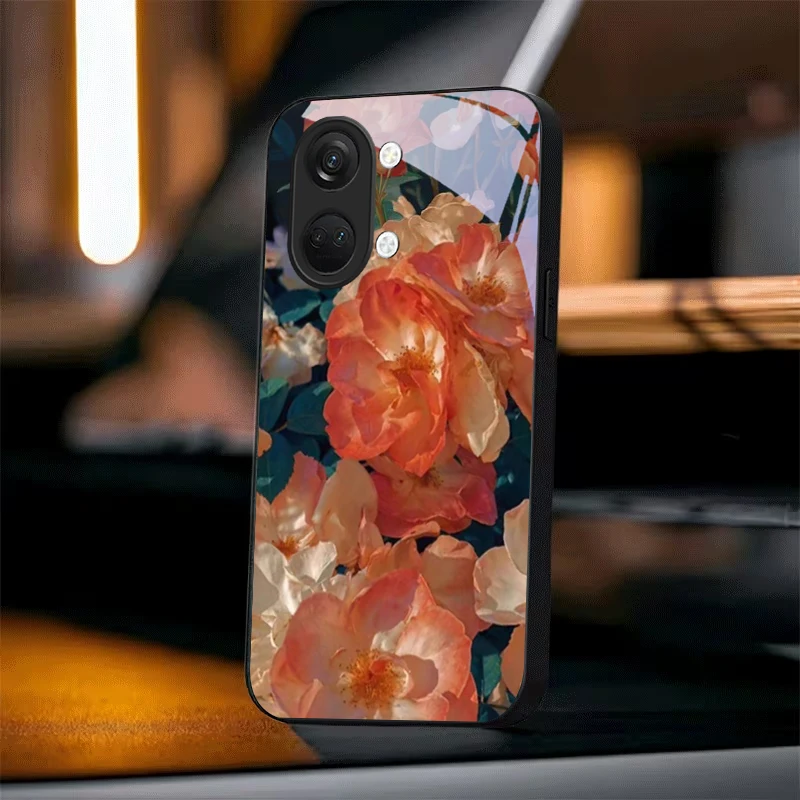 Warm Wild Rose Reverie Black Glass Phone Case For OnePlus Ace 3 5 Pro Nord CE 2T 2 3 Lite 6 7T 8 9 10 Pro 2V 11R 12R 13R Cover