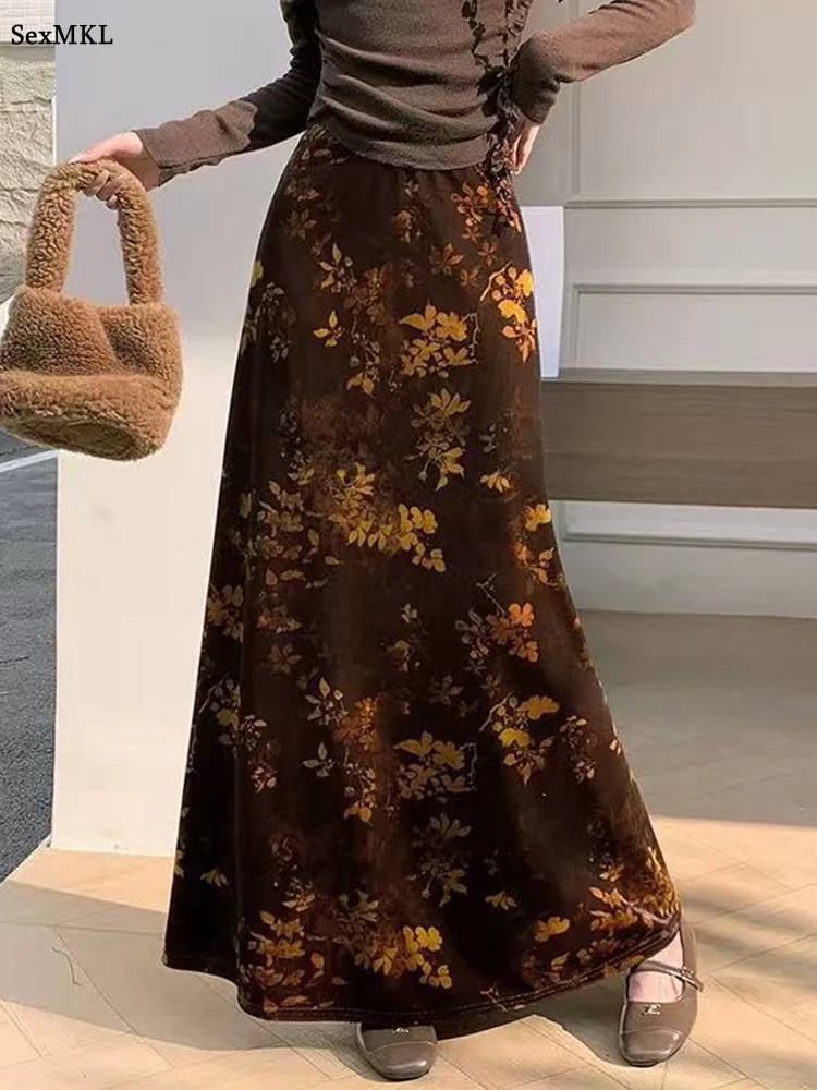Vintage Printed Long Skirts for Women Winter High Waist Casual Y2k Clothes Ladies Faldas Largas Streetwear Velvet Maxi Skirt