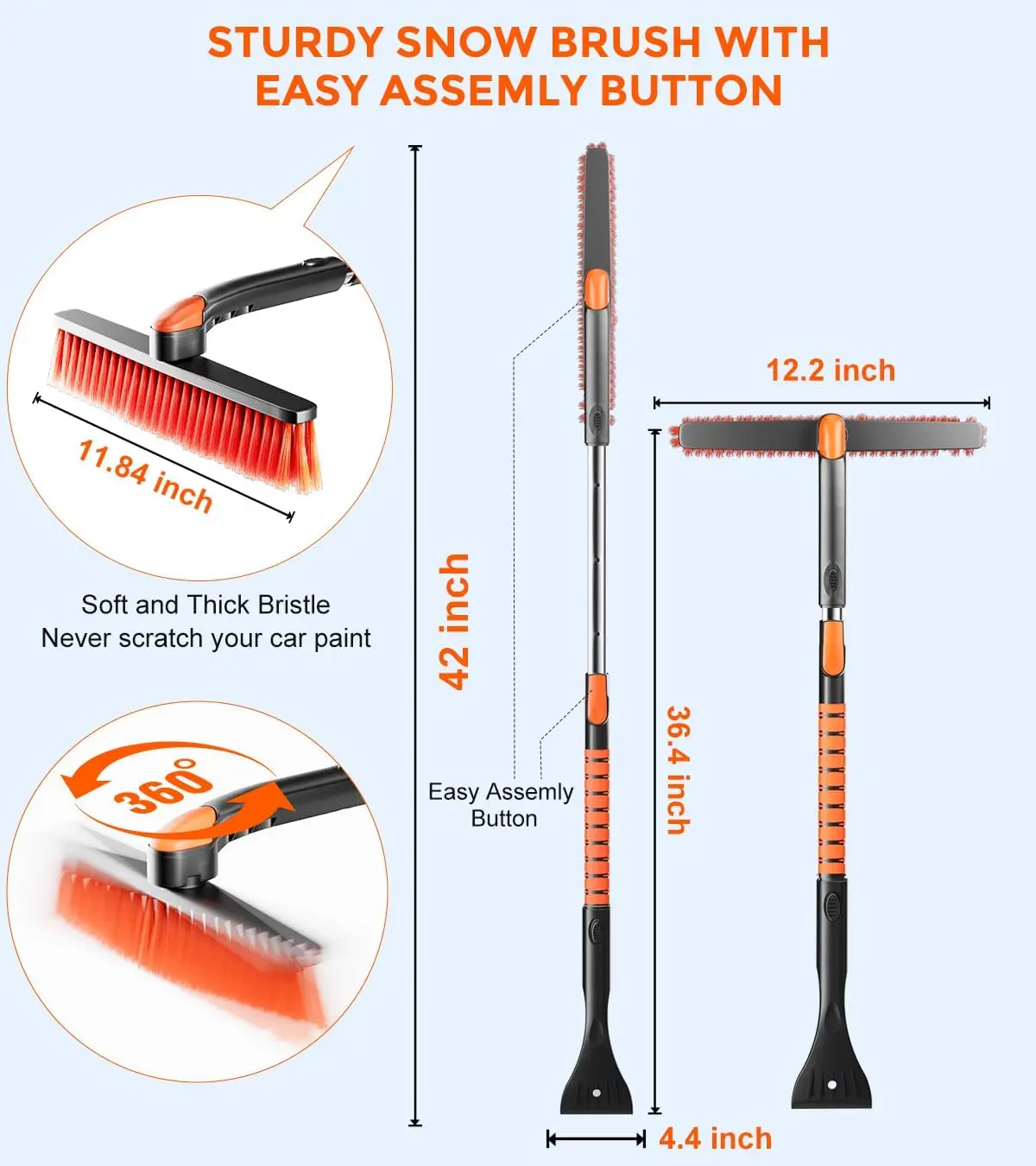 Upgraded Extendable Snow Brush with 360° Pivot Head - Military-Grade Ice Scraper for Car Windshield Cleaning