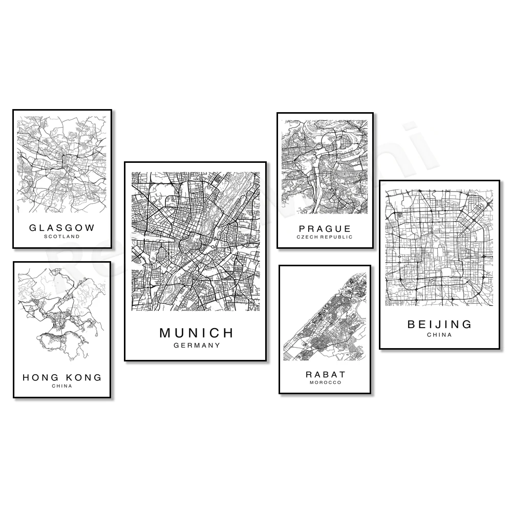 Singapore, South Carolina, Jacksonville, Scotland, Munich, Germany, Meknes, Rabat, Morocco, Prague, ChinaHong Kong map posters