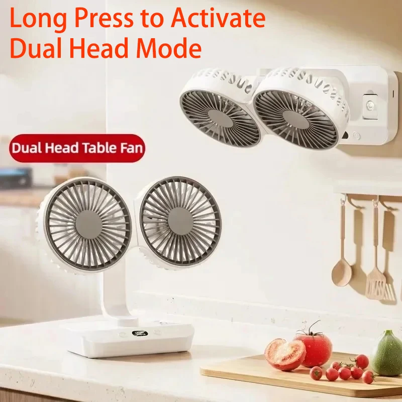 

New Double Head Desktop Fan 4-Gears Wind Fast Cooling Digital Display 8000mAh Household Adjustable Direction Shaking Head Fan