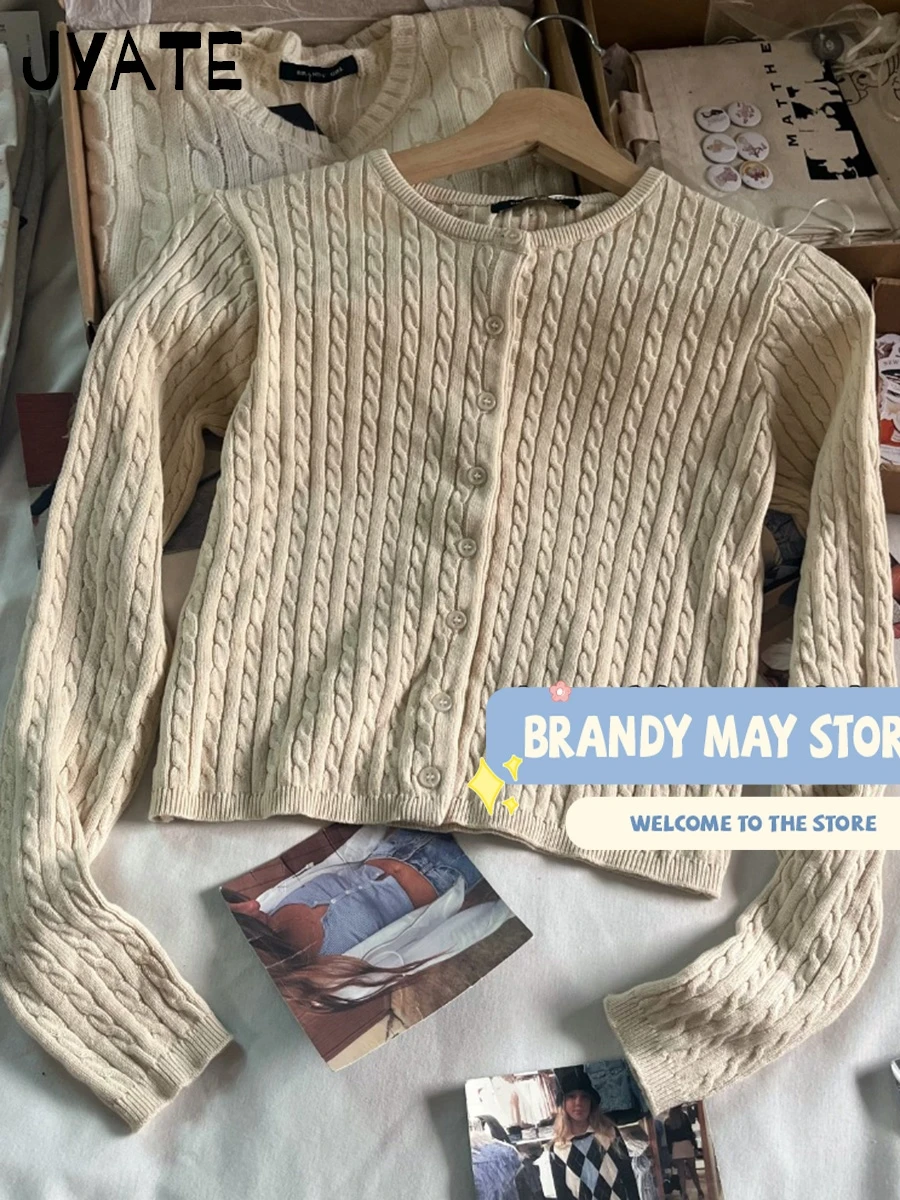 

Beige Twisted Flower Sweater Coat Women New Cotton Single Breasted Slim O-neck Crop Tops Sweet Vintage Chic Sweater Cardigan Y2K