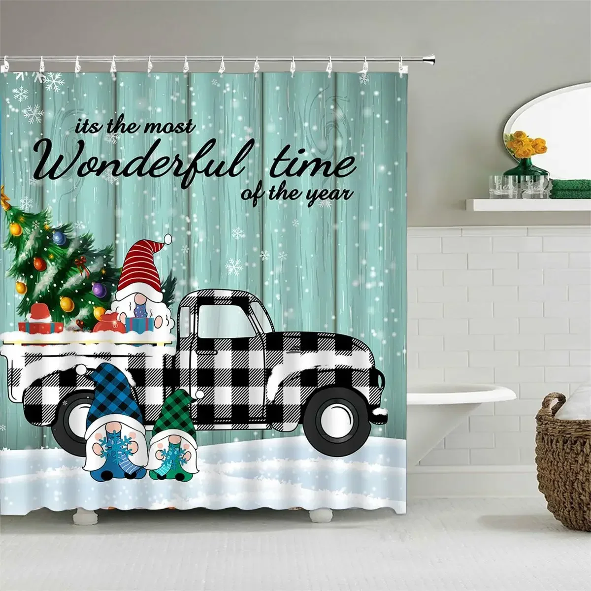 Christmas Shower Curtain, Winter Holiday Santa Gnomes Red Truck Plaid Farm Christmas Tree Planks Snowflake Bathroom Decorations