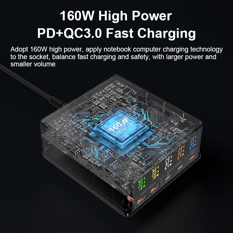 160W 5 Port Charging Station with 15W Wireless Charger Separate Display USB-C PD65W QC3.0 Fast Charger For iPhone Laptop Macbook