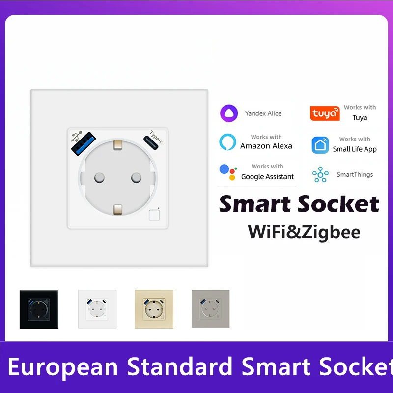 

Настенная розетка европейского стандарта, умная розетка Tuya, функция мониторинга энергии, быстрая зарядка с настенной розеткой Type-c и USB