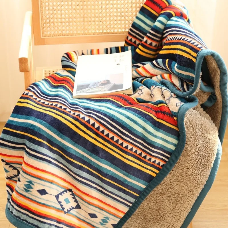 Export Nordic double layer blanket thickened warm winter lamb wool coral velvet blanket sofa small nap blanket