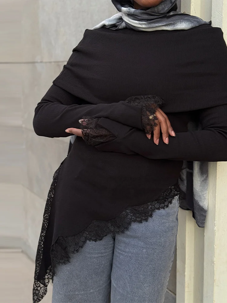 

Модный вязаный свитер с кружевными вставками для женщин, весенняя новинка, плиссированный, элегантный, с открытыми плечами, с длинными рукавами, женский вязаный топ