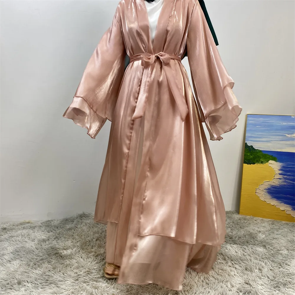 Eid Ramadan Satin Open Kimono Abayas for Modest Women Muslim Dress Turkey Dubai Kebaya Islam Clothing Jalabiya Arab Robe Caftan