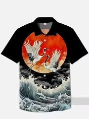 Men's Shirt Double Red Crowned Crane Wave Print Short Sleeve Loose Summer Vacation Casual Tops Mens Clothing