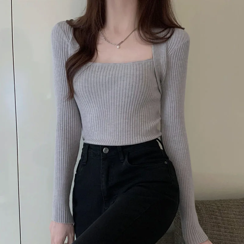 

Knitted Sweater Women Pullovers Square Collar Sweaters Knit Sweater Pullover Women Tops Fashion Long Sleeve Women Clothing Q3390