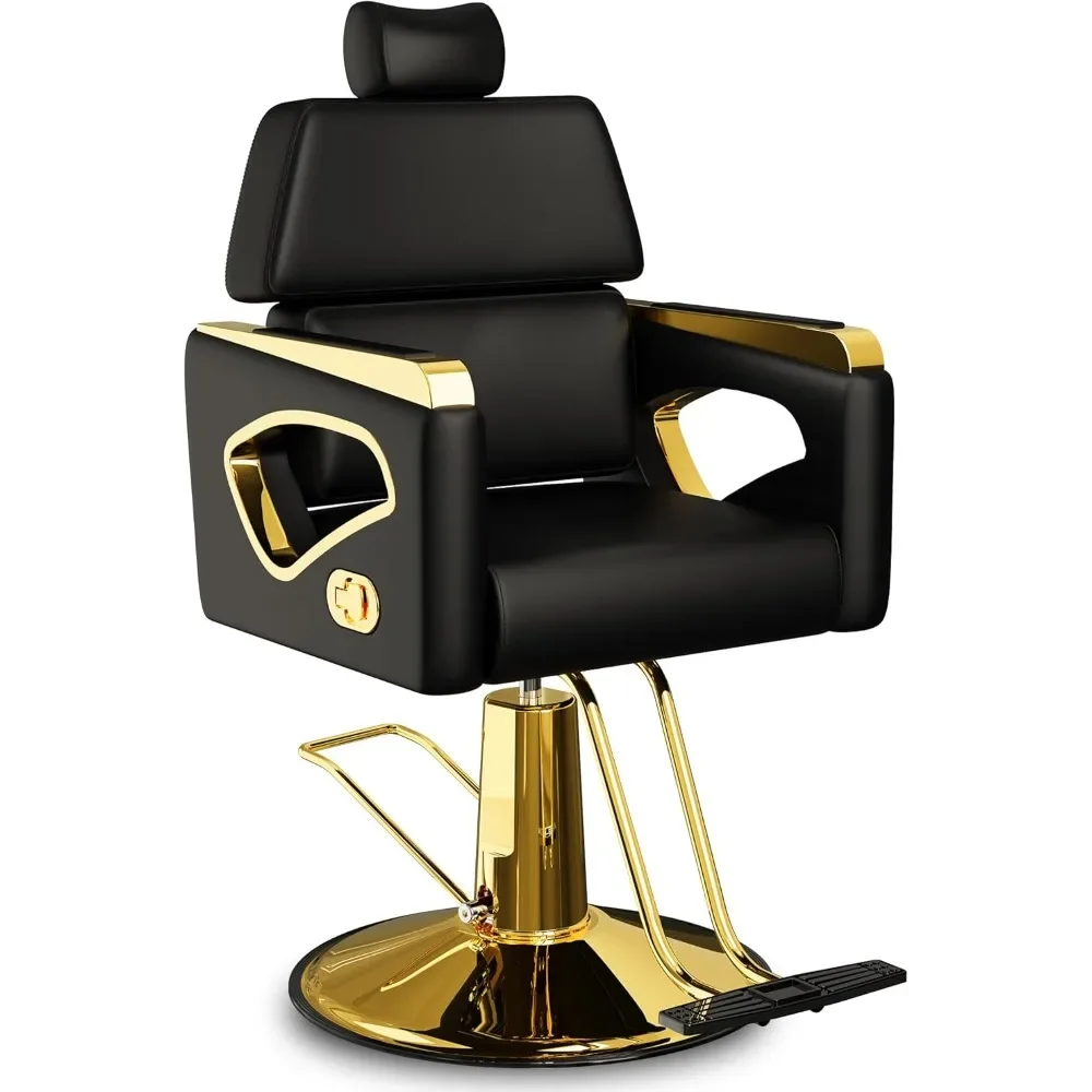 Professional Reclining Salon Chair with Removable Headrest, Heavy-Duty Gold Barber Chair with Premium Steel Frame