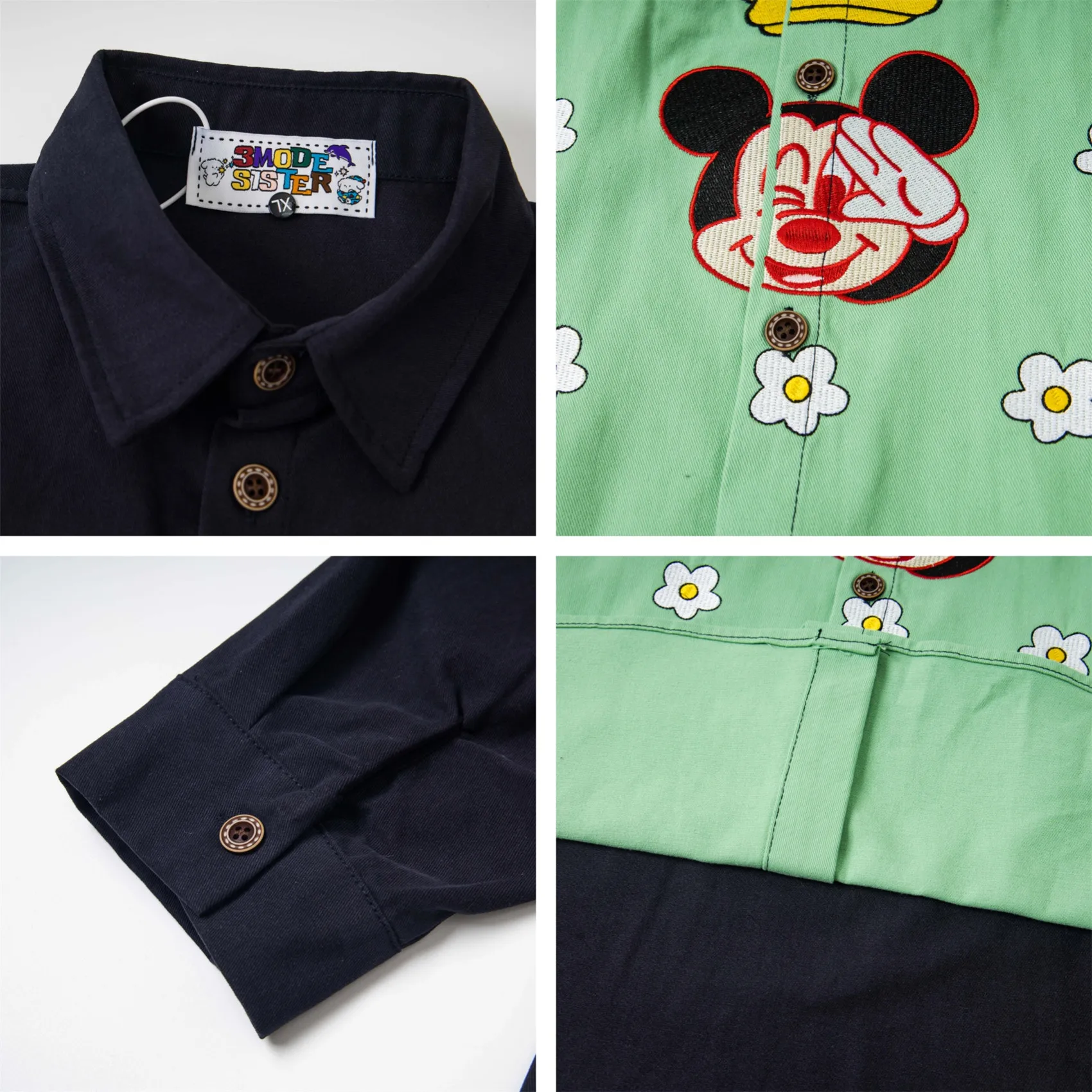 American Retro Color Block Fun Cartoon Embroidery Long Sleeve Shirt for Men and Women Autumn Loose Casual Couple Shirt Jacket